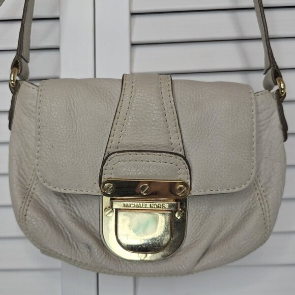 MICHAEL KORS Charlton Leather Mini Crossbody Bag Cream Gold Tone Hardware Preppy - Picture 3 of 12